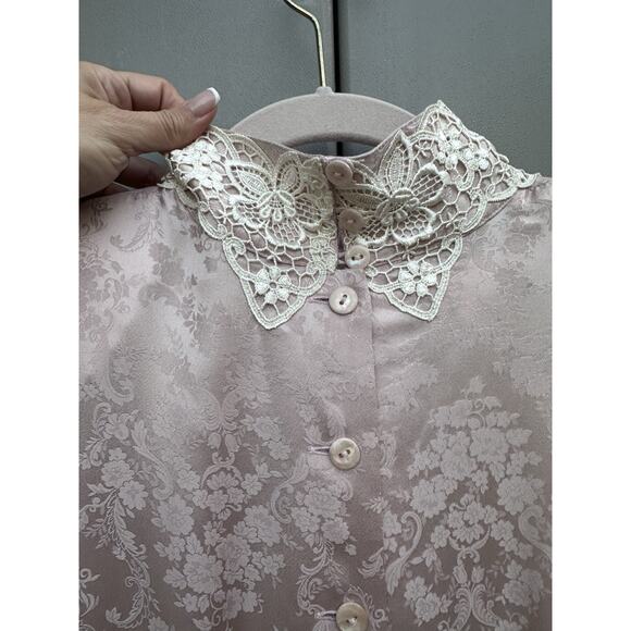 VTG JESSICA McCLINTOCK Pink Silk Lace Prairie Dress High Neck Victorian Cottage - Picture 12 of 16